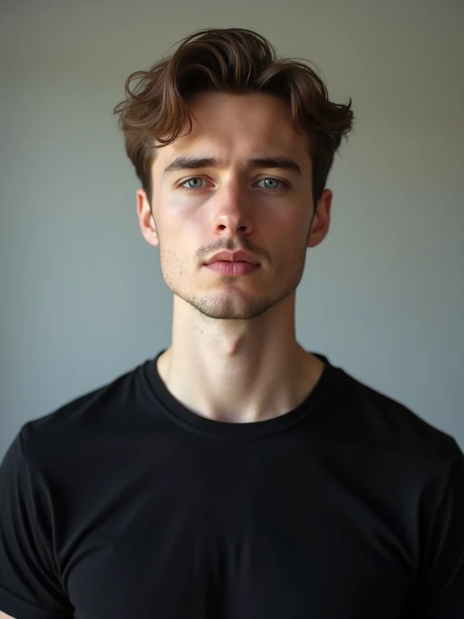 model looking straight into camera with mouth closed and no emotion. plain background. wearing black if(gender=f){tank top} if(gender=m){t-shirt}