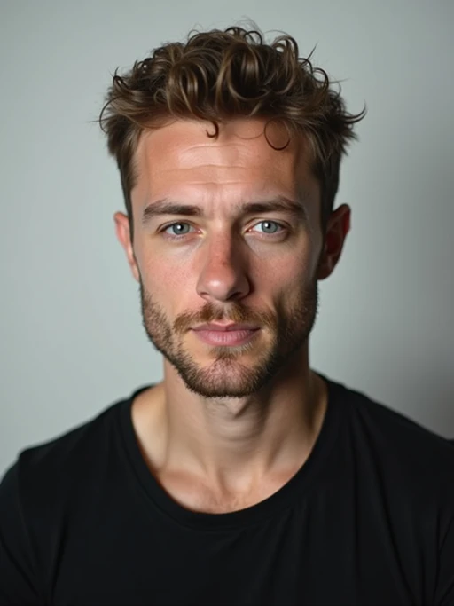 model looking straight into camera with mouth closed and no emotion. plain background. wearing black if(gender=f){tank top} if(gender=m){t-shirt}