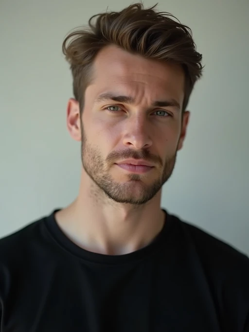model looking straight into camera with mouth closed and no emotion. plain background. wearing black if(gender=f){tank top} if(gender=m){t-shirt}
