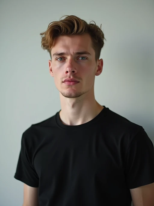 model looking straight into camera with mouth closed and no emotion. plain background. wearing black if(gender=f){tank top} if(gender=m){t-shirt}