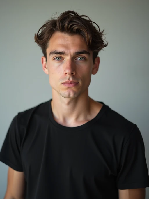 model looking straight into camera with mouth closed and no emotion. plain background. wearing black if(gender=f){tank top} if(gender=m){t-shirt}