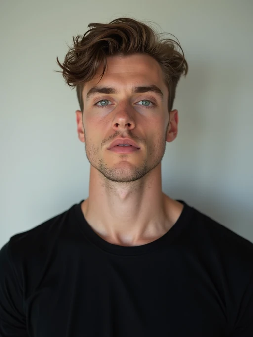 model looking straight into camera with mouth closed and no emotion. plain background. wearing black if(gender=f){tank top} if(gender=m){t-shirt}