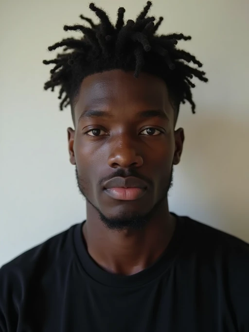 model looking straight into camera with mouth closed and no emotion. plain background. wearing black if(gender=f){tank top} if(gender=m){t-shirt}