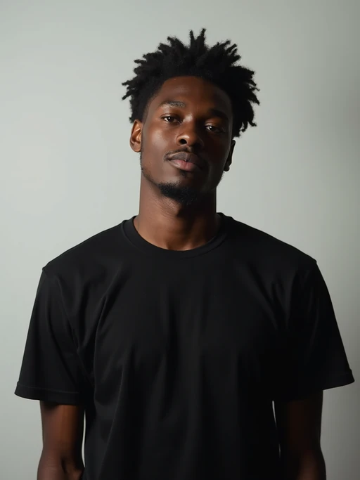 model looking straight into camera with mouth closed and no emotion. plain background. wearing black if(gender=f){tank top} if(gender=m){t-shirt}