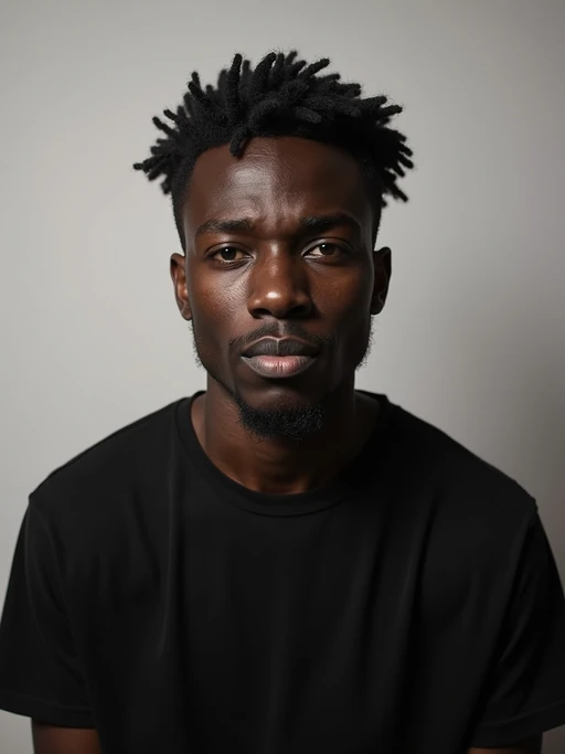 model looking straight into camera with mouth closed and no emotion. plain background. wearing black if(gender=f){tank top} if(gender=m){t-shirt}