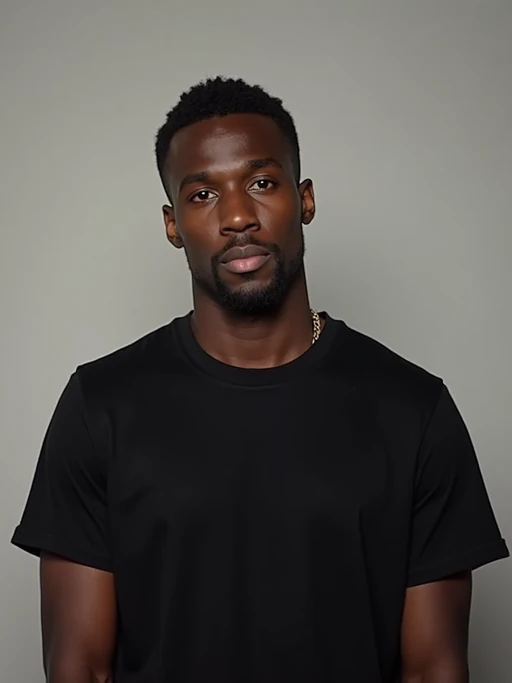 model looking straight into camera with mouth closed and no emotion. plain background. wearing black if(gender=f){tank top} if(gender=m){t-shirt}