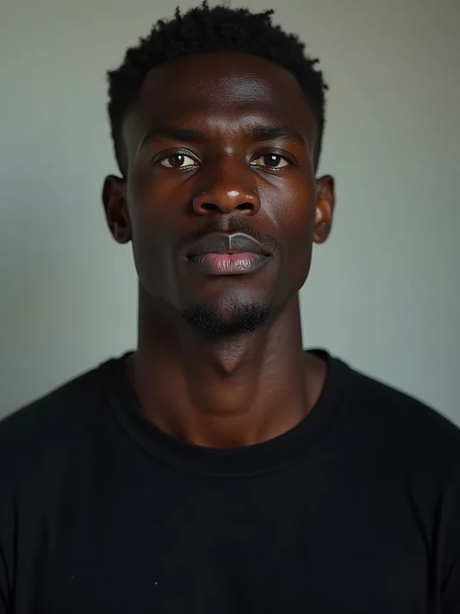 model looking straight into camera with mouth closed and no emotion. plain background. wearing black if(gender=f){tank top} if(gender=m){t-shirt}