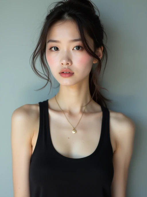 model looking straight into camera with mouth closed and no emotion. plain background. wearing black if(gender=f){tank top} if(gender=m){t-shirt}