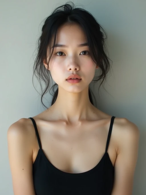 model looking straight into camera with mouth closed and no emotion. plain background. wearing black if(gender=f){tank top} if(gender=m){t-shirt}