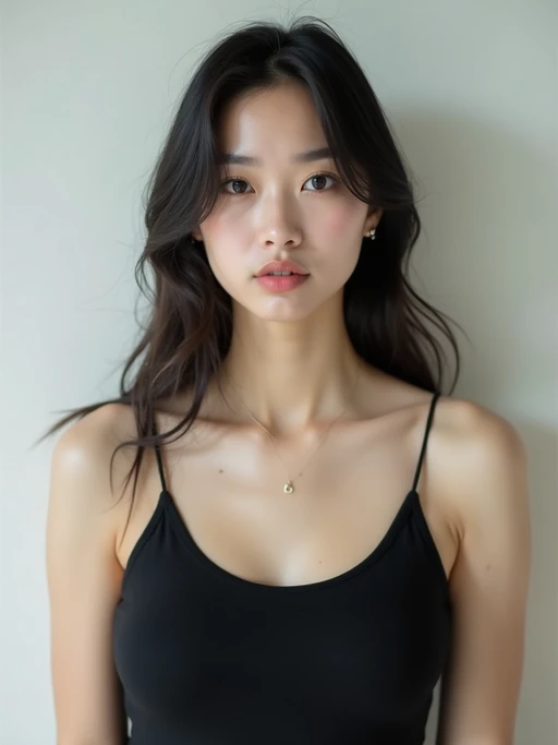 model looking straight into camera with mouth closed and no emotion. plain background. wearing black if(gender=f){tank top} if(gender=m){t-shirt}