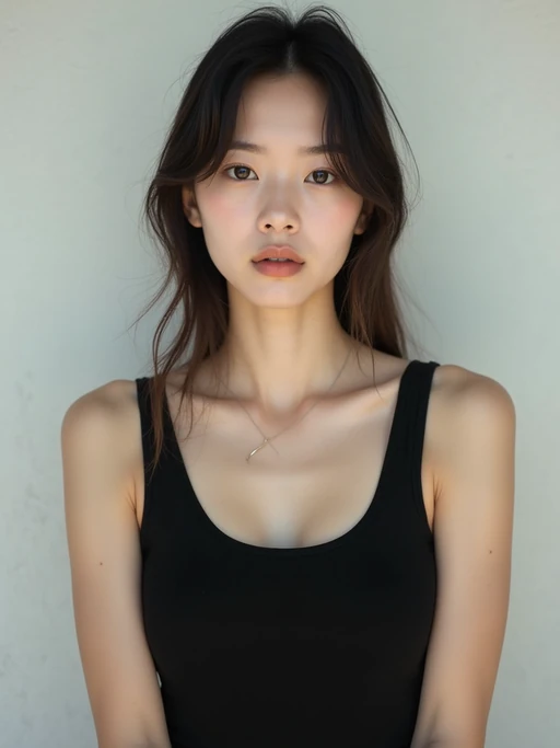 model looking straight into camera with mouth closed and no emotion. plain background. wearing black if(gender=f){tank top} if(gender=m){t-shirt}