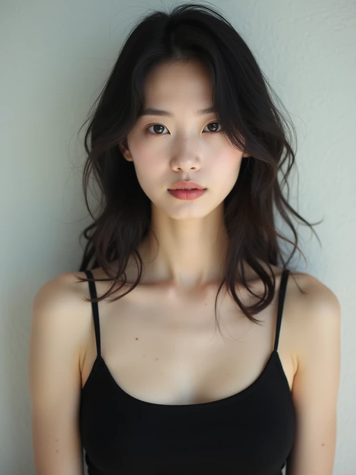 model looking straight into camera with mouth closed and no emotion. plain background. wearing black if(gender=f){tank top} if(gender=m){t-shirt}