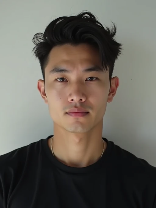 model looking straight into camera with mouth closed and no emotion. plain background. wearing black if(gender=f){tank top} if(gender=m){t-shirt}