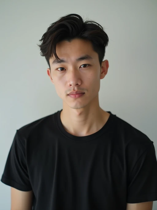 model looking straight into camera with mouth closed and no emotion. plain background. wearing black if(gender=f){tank top} if(gender=m){t-shirt}
