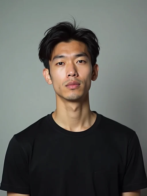 model looking straight into camera with mouth closed and no emotion. plain background. wearing black if(gender=f){tank top} if(gender=m){t-shirt}
