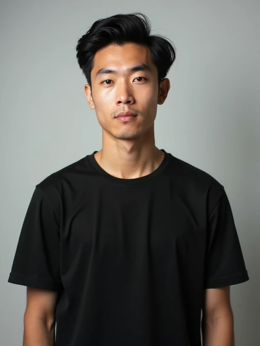 model looking straight into camera with mouth closed and no emotion. plain background. wearing black if(gender=f){tank top} if(gender=m){t-shirt}