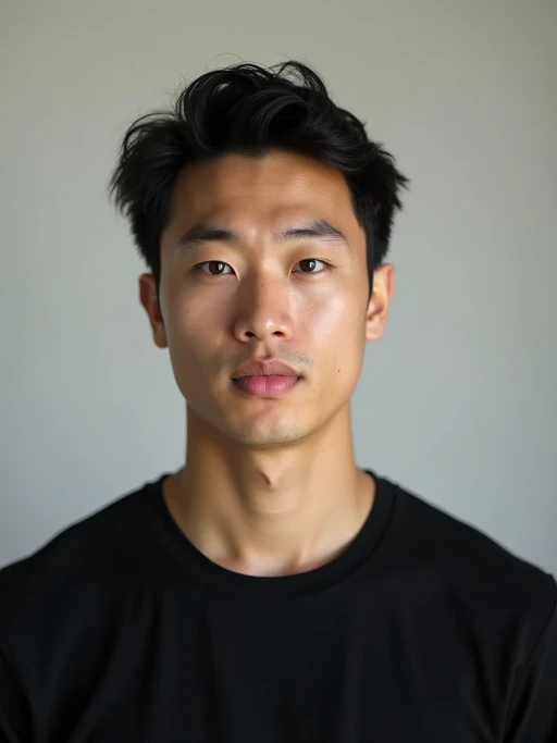 model looking straight into camera with mouth closed and no emotion. plain background. wearing black if(gender=f){tank top} if(gender=m){t-shirt}