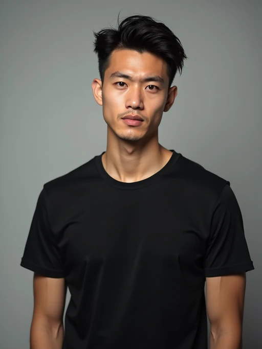 model looking straight into camera with mouth closed and no emotion. plain background. wearing black if(gender=f){tank top} if(gender=m){t-shirt}