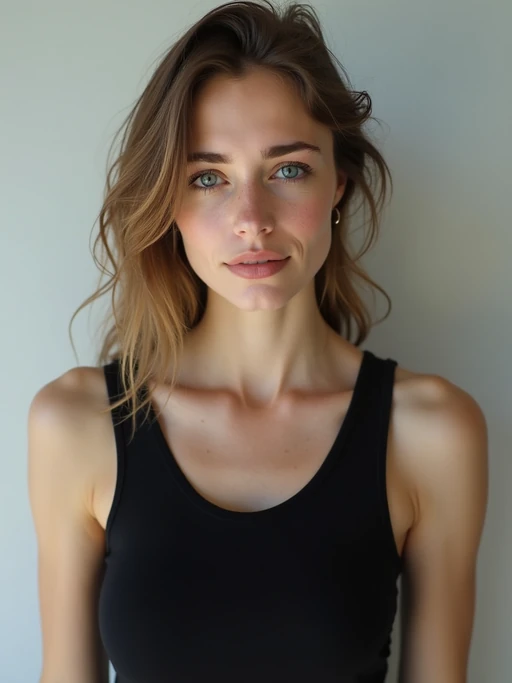 model looking straight into camera with mouth closed and no emotion. plain background. wearing black if(gender=f){tank top} if(gender=m){t-shirt}