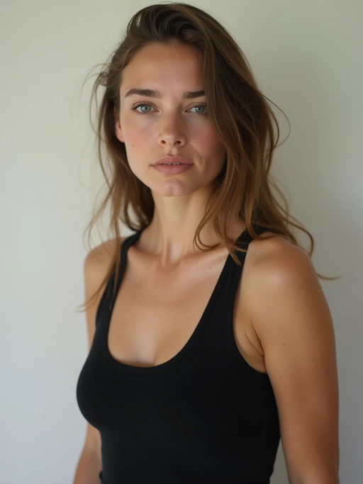 model looking straight into camera with mouth closed and no emotion. plain background. wearing black if(gender=f){tank top} if(gender=m){t-shirt}