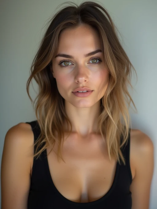 model looking straight into camera with mouth closed and no emotion. plain background. wearing black if(gender=f){tank top} if(gender=m){t-shirt}
