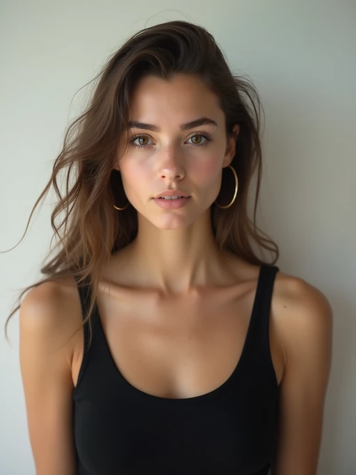 model looking straight into camera with mouth closed and no emotion. plain background. wearing black if(gender=f){tank top} if(gender=m){t-shirt}