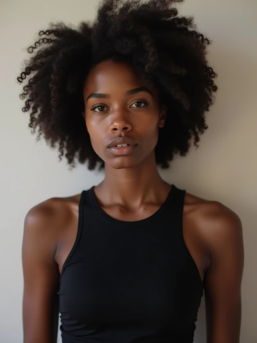 model looking straight into camera with mouth closed and no emotion. plain background. wearing black if(gender=f){tank top} if(gender=m){t-shirt}
