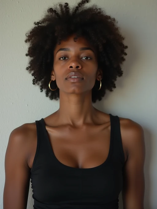 model looking straight into camera with mouth closed and no emotion. plain background. wearing black if(gender=f){tank top} if(gender=m){t-shirt}