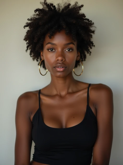model looking straight into camera with mouth closed and no emotion. plain background. wearing black if(gender=f){tank top} if(gender=m){t-shirt}