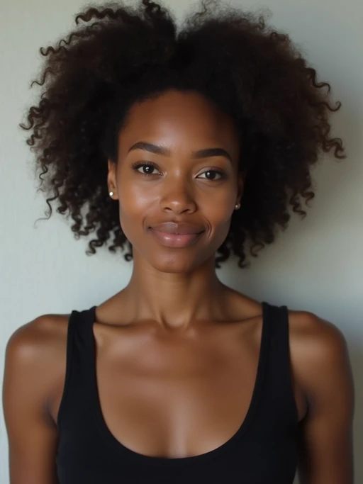 model looking straight into camera with mouth closed and no emotion. plain background. wearing black if(gender=f){tank top} if(gender=m){t-shirt}