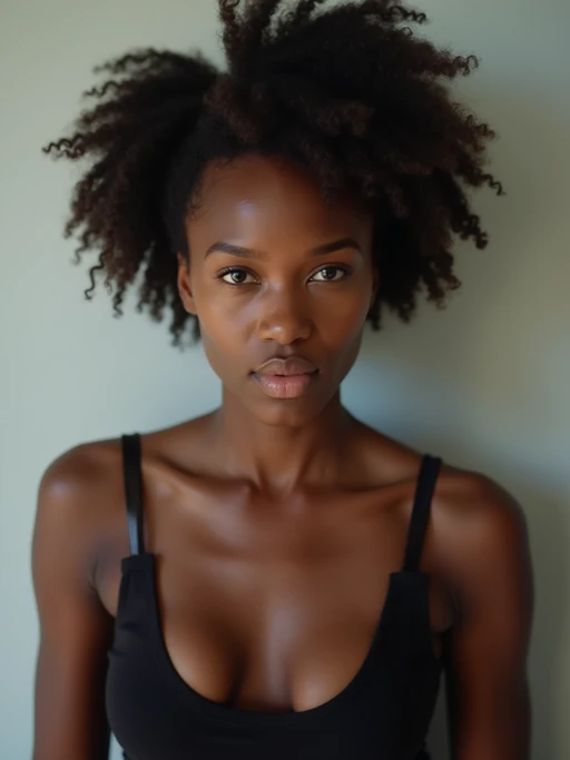 model looking straight into camera with mouth closed and no emotion. plain background. wearing black if(gender=f){tank top} if(gender=m){t-shirt}