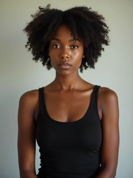 model looking straight into camera with mouth closed and no emotion. plain background. wearing black if(gender=f){tank top} if(gender=m){t-shirt}