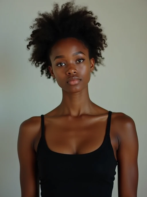 model looking straight into camera with mouth closed and no emotion. plain background. wearing black if(gender=f){tank top} if(gender=m){t-shirt}
