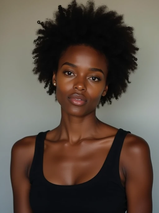 model looking straight into camera with mouth closed and no emotion. plain background. wearing black if(gender=f){tank top} if(gender=m){t-shirt}