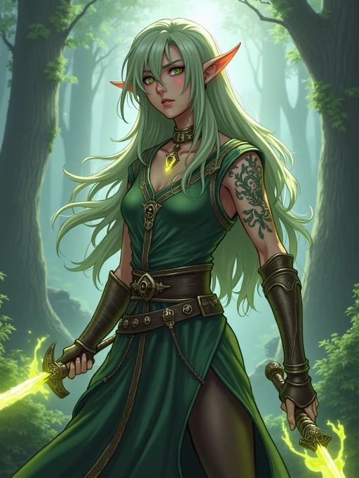 A mystical anime elf character, with pointed ears and glowing magical tattoos, dressed in if(gender=f){an elegant forest gown with flower crowns and long flowing hair} if(gender=m){a regal tunic with enchanted weapons and a strong heroic stance}. The setting is a magical woodland landscape.