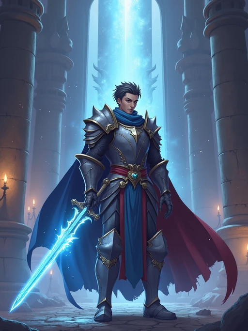 A fantasy anime warrior avatar, dressed in if(gender=f){a magical sorceress outfit with glowing orbs and enchanted symbols} if(gender=m){a legendary knight armor with a majestic cape and glowing sword}. The setting is a grand castle with mystical energy radiating.