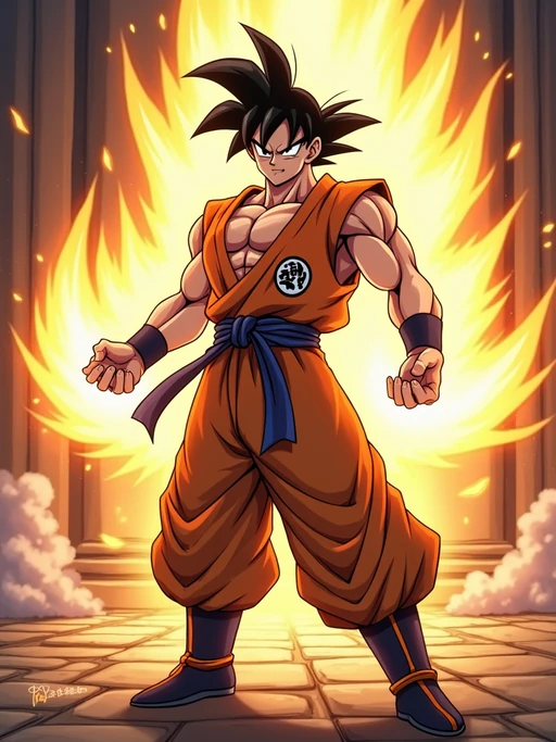 A legendary anime martial artist, posing confidently with a glowing energy aura, wearing if(gender=f){a traditional gi with a belt and focused eyes} if(gender=m){a sleeveless martial arts outfit with muscular definition and intense expression}. The background features a classic anime battle stage. the style is in anime illustration.
