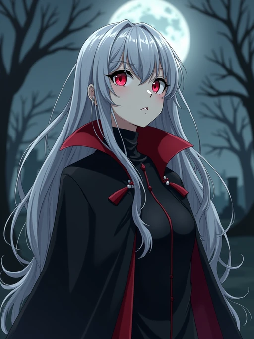 A gothic anime vampire avatar, with pale skin and piercing red eyes, wearing if(gender=f){a Victorian-style dress with lace details and a mysterious smile} if(gender=m){a dark vampire cloak with a high collar and long silver hair}. The setting is a foggy moonlit graveyard. the style is in anime illustration.