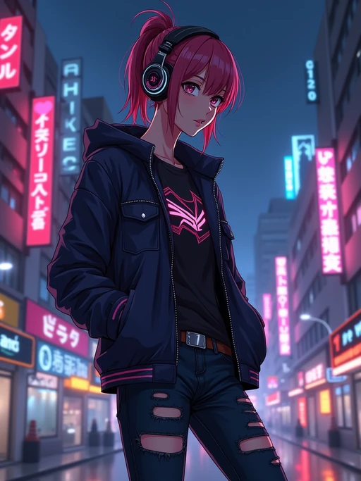 A cool anime streetwear avatar, wearing if(gender=f){a trendy oversized hoodie with stylish sneakers and a cute cap} if(gender=m){a sleek anime jacket with ripped jeans and futuristic headphones}. The background is a neon-lit anime city at night. the style is in anime illustration.