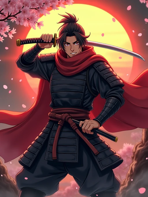 A powerful samurai anime avatar, holding a katana, wearing if(gender=f){a traditional kimono with intricate patterns, standing confidently} if(gender=m){a dark samurai armor with a flowing red scarf, intense gaze}. The backdrop features a dramatic sunset and falling cherry blossoms. the style is in anime illustration.