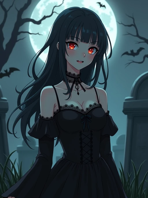 A gothic anime vampire avatar, with pale skin and piercing red eyes, wearing if(gender=f){a Victorian-style dress with lace details and a mysterious smile} if(gender=m){a dark vampire cloak with a high collar and long silver hair}. The setting is a foggy moonlit graveyard. the style is in anime illustration.