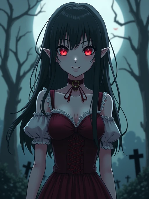 A gothic anime vampire avatar, with pale skin and piercing red eyes, wearing if(gender=f){a Victorian-style dress with lace details and a mysterious smile} if(gender=m){a dark vampire cloak with a high collar and long silver hair}. The setting is a foggy moonlit graveyard. the style is in anime illustration.