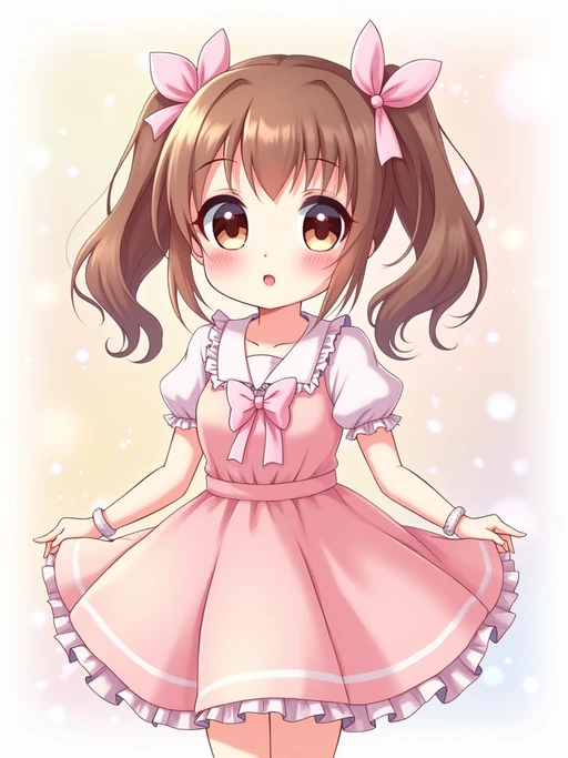 A cute kawaii anime girl avatar, featuring large sparkling eyes, if(gender=f){a pastel-colored dress with ribbons and bows, playful pigtails} if(gender=m){a soft boy aesthetic with messy hair and oversized hoodie}. The background has dreamy pastel colors with soft sparkles. the style is in anime illustration.