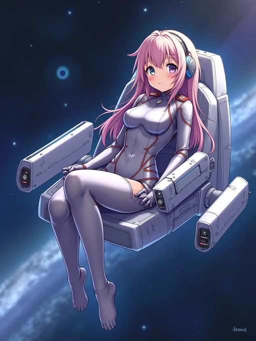 A dreamy anime space explorer, floating in a futuristic spaceship, wearing if(gender=f){a sleek space pilot uniform with glowing accents} if(gender=m){a high-tech astronaut suit with a reflective visor}. The backdrop features distant galaxies and nebulae. the style is in anime illustration.
