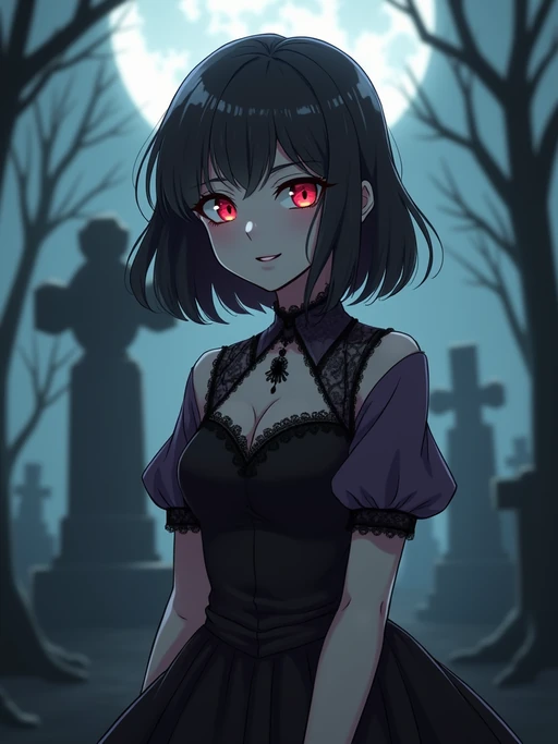 A gothic anime vampire avatar, with pale skin and piercing red eyes, wearing if(gender=f){a Victorian-style dress with lace details and a mysterious smile} if(gender=m){a dark vampire cloak with a high collar and long silver hair}. The setting is a foggy moonlit graveyard. the style is in anime illustration.