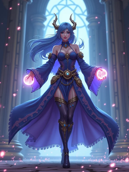 A fantasy anime warrior avatar, dressed in if(gender=f){a magical sorceress outfit with glowing orbs and enchanted symbols} if(gender=m){a legendary knight armor with a majestic cape and glowing sword}. The setting is a grand castle with mystical energy radiating. the style is in anime illustration.