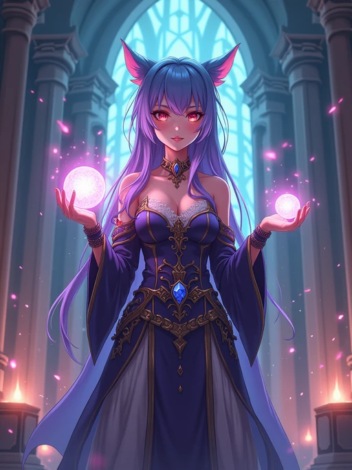 A fantasy anime warrior avatar, dressed in if(gender=f){a magical sorceress outfit with glowing orbs and enchanted symbols} if(gender=m){a legendary knight armor with a majestic cape and glowing sword}. The setting is a grand castle with mystical energy radiating. the style is in anime illustration.