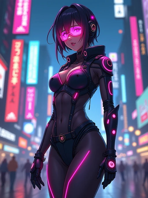 A cyberpunk anime-style character, with glowing neon elements, if(gender=f){a futuristic bodysuit with LED accents and high-tech visor} if(gender=m){a cyber-enhanced jacket with neon streaks and cybernetic eyes}. The city skyline behind is filled with digital billboards and vibrant lights. the style is in anime illustration.