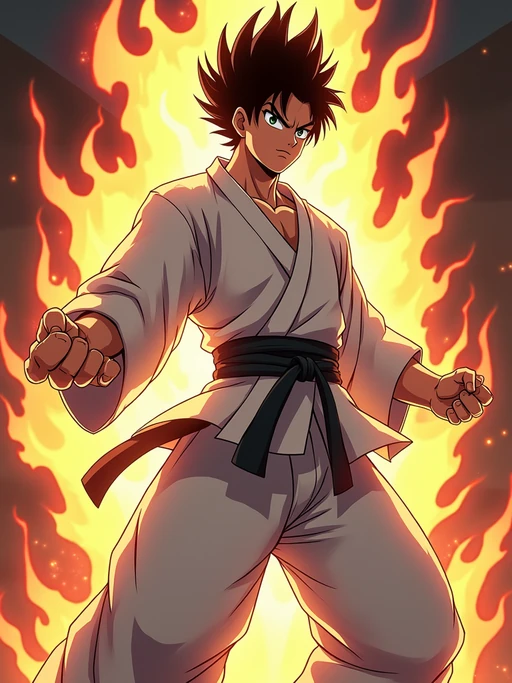 A legendary anime martial artist, posing confidently with a glowing energy aura, wearing if(gender=f){a traditional gi with a belt and focused eyes} if(gender=m){a sleeveless martial arts outfit with muscular definition and intense expression}. The background features a classic anime battle stage. the style is in anime illustration.