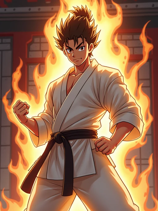 A legendary anime martial artist, posing confidently with a glowing energy aura, wearing if(gender=f){a traditional gi with a belt and focused eyes} if(gender=m){a sleeveless martial arts outfit with muscular definition and intense expression}. The background features a classic anime battle stage. the style is in anime illustration.